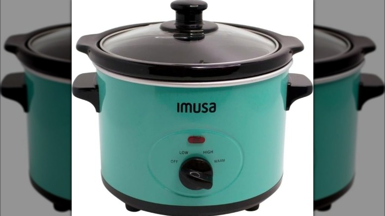 teal-colored mini Imusa brand slow cooker on white background