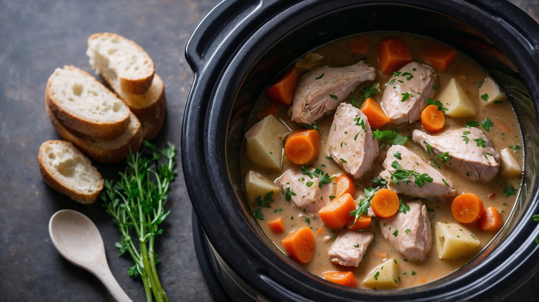 close up of chicken stew cooking in Crock-Pot with bread and rosemary out of focus on the side