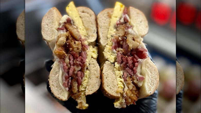 Bagel sandwich with latkes and pastrami