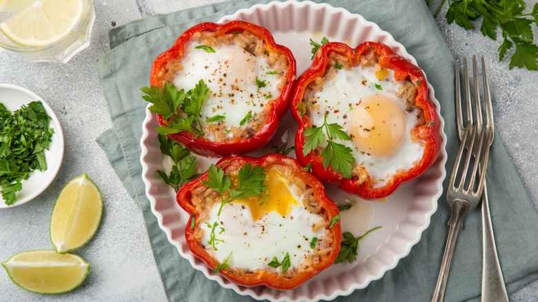 eggs baked in red peppers