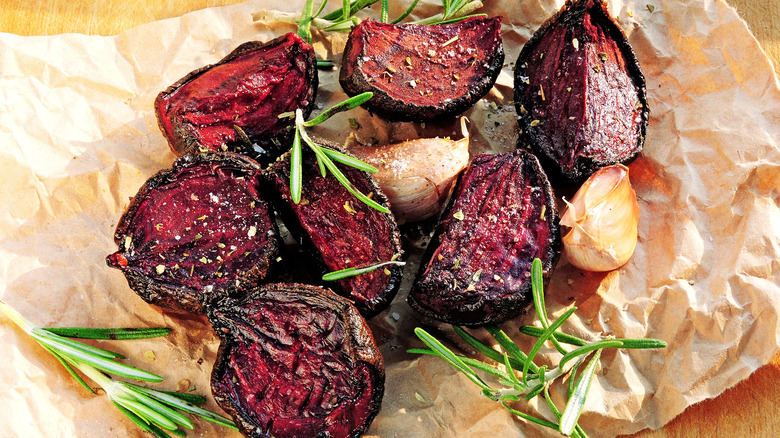 Aerial shot of roasted beets on parchment