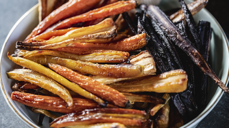 Aerial shot of roasted carrots in bowl