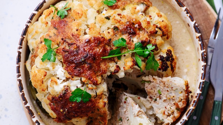 Aerial shot of whole roasted cauliflower