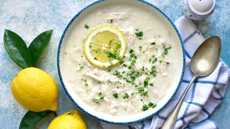 Avgolemono soup with lemon slice