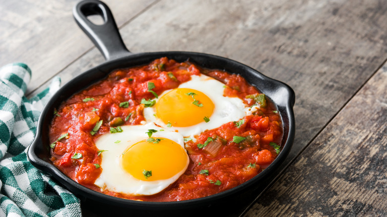 Huevos rancheros in frying pan