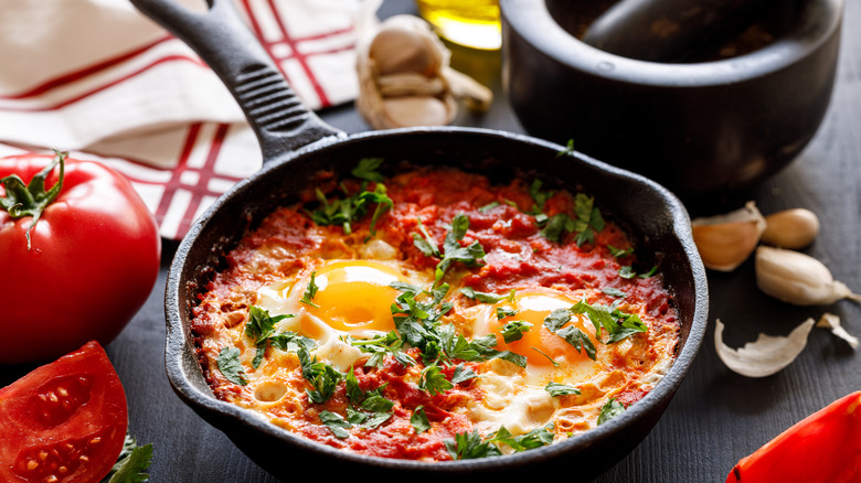 Shakshuka in black frying pan