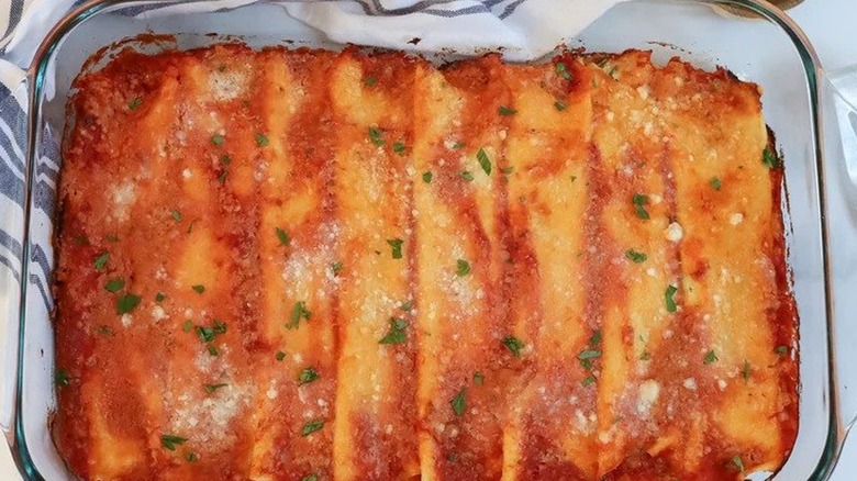 Baked pasta dish in glass pan 