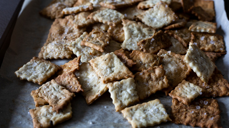 Sourdough crackers on baking sheet