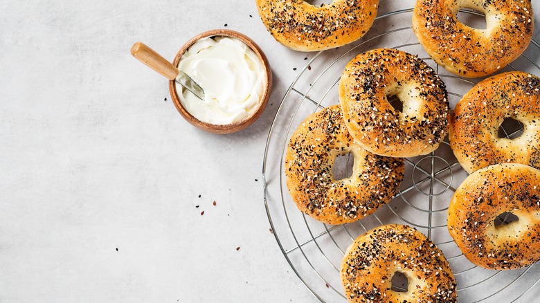 Sourdough bagels on gray table