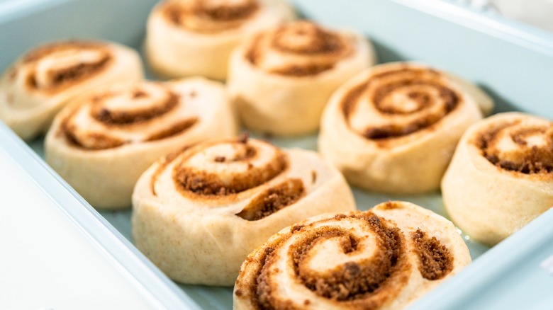 Cinnamon rolls blue baking dish