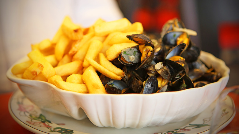 Moules frites on table