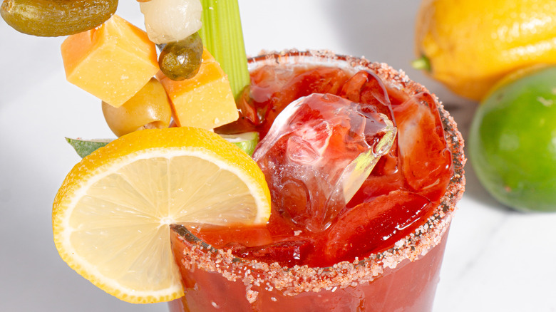 Cheese cube garnish on Bloody Mary