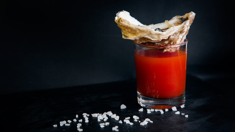 Oyster garnish on Bloody Mary