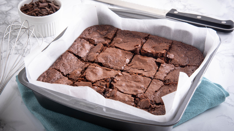 Chocolate brownies in metal tray