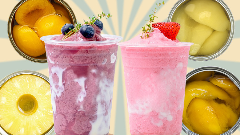 Two pink smoothies and various canned fruits