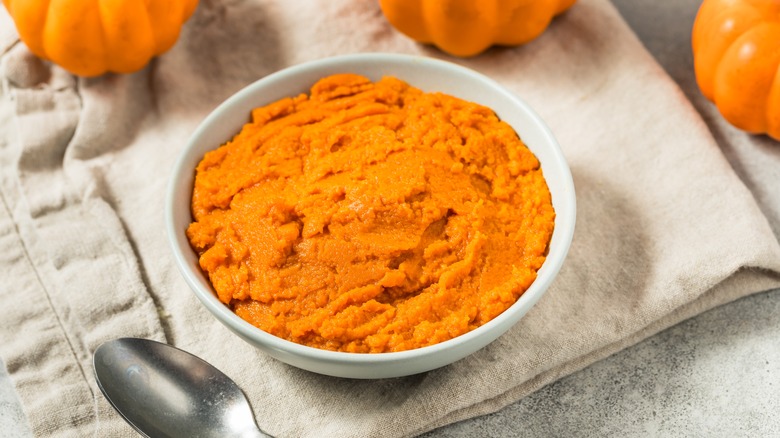 Pumpkin puree in white bowl