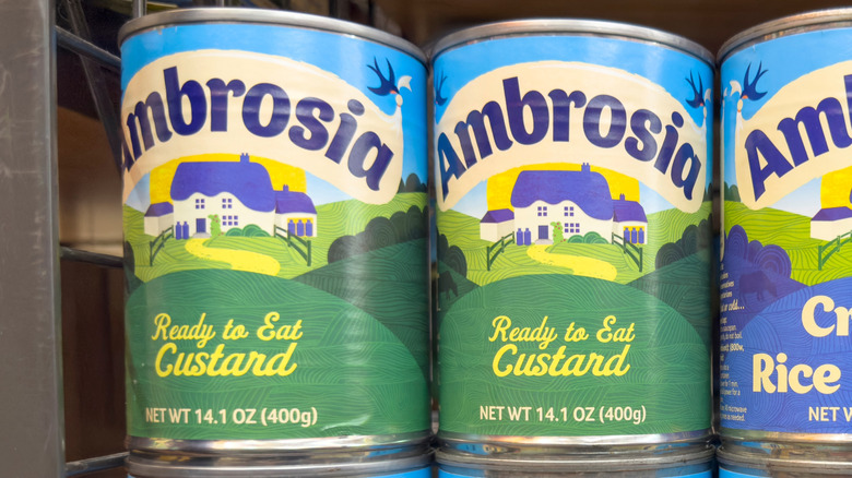 Canned custard on supermarket shelf