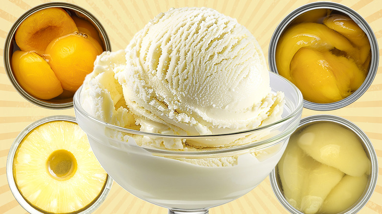 vanilla ice cream in glass bowl surrounded by toppings