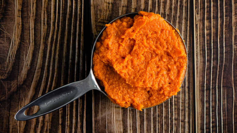 canned pumpkin in a silver measuring cup