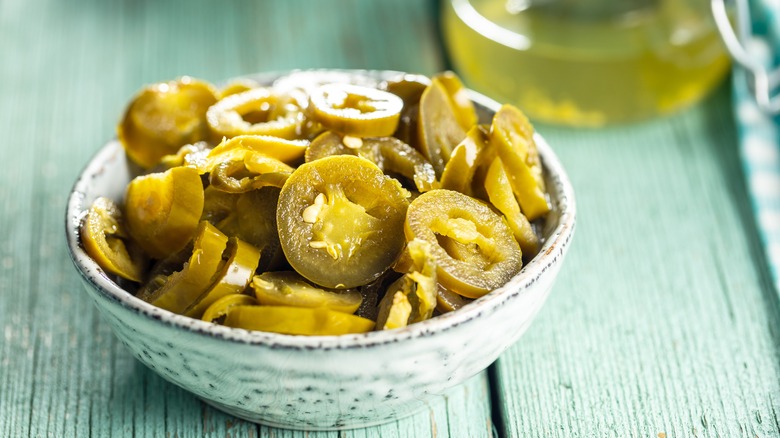 Pickled jalapeños in bowl