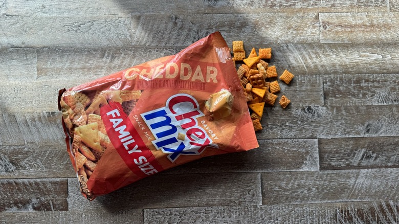 Cheddar Chex Mix opened on table