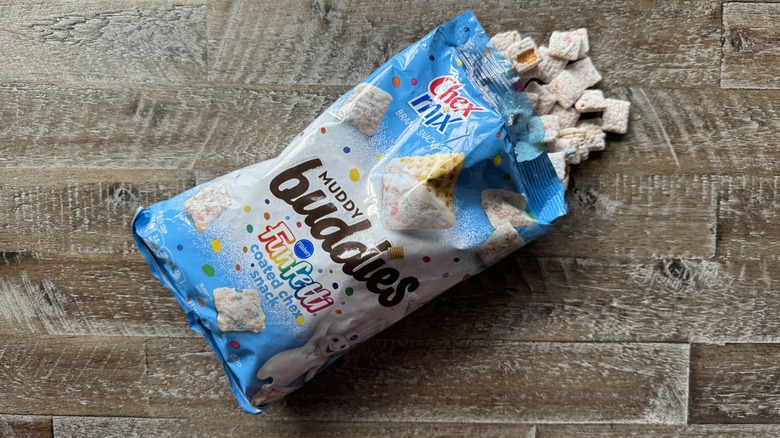 opened bag of Funfetti Muddy Buddies Chex Mix