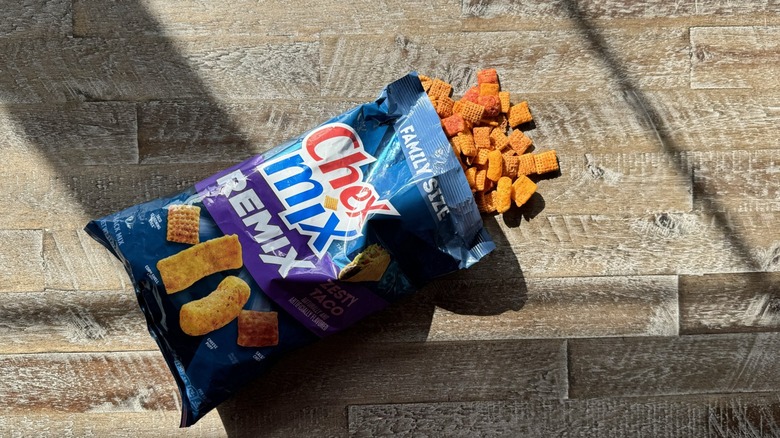 open bag of Zesty Taco Remix Chex Mix