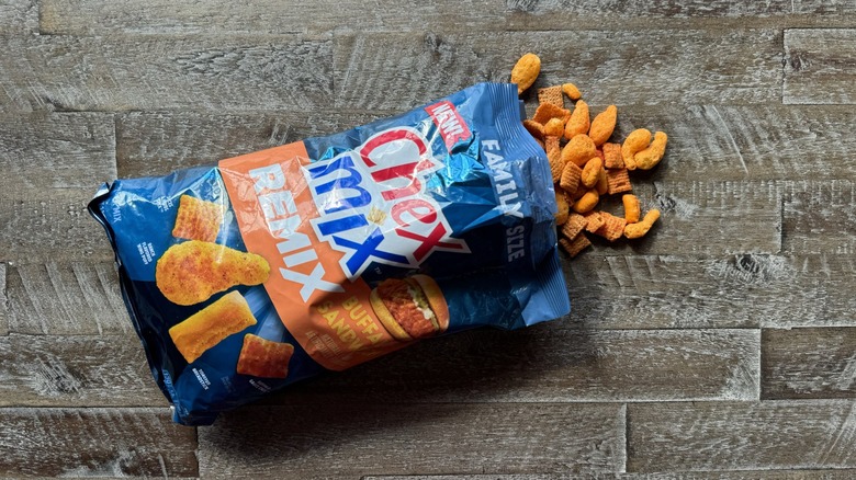 opened bag of Buffalo sandwich Chex Mix