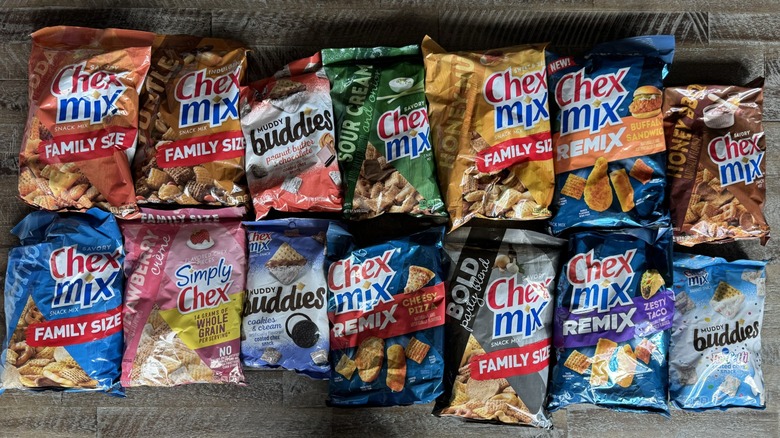 Chex Mix bags lined up on table