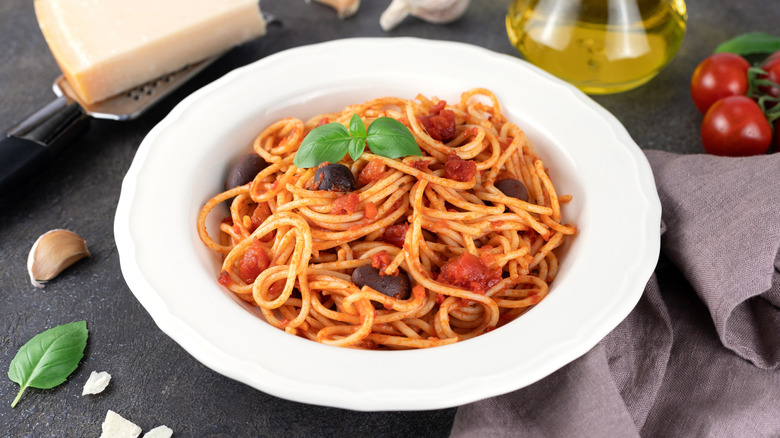 Plate of pasta puttanesca