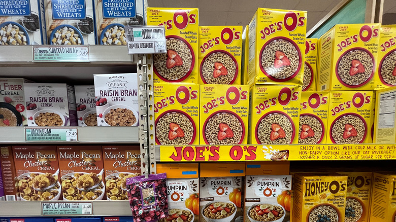 Boxes of cereal on the shelves at Trader Joe's