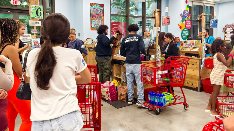 Customers checking out at Trader Joe's