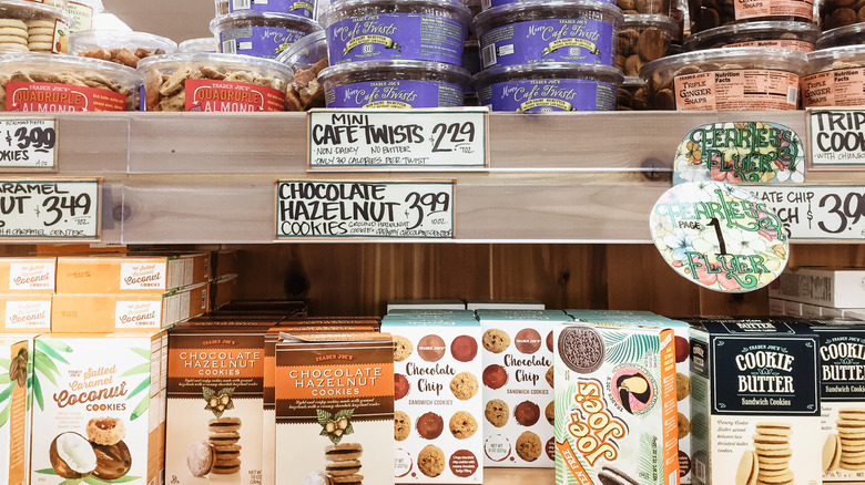 Cookie boxes on a shelf at Trader Joe's