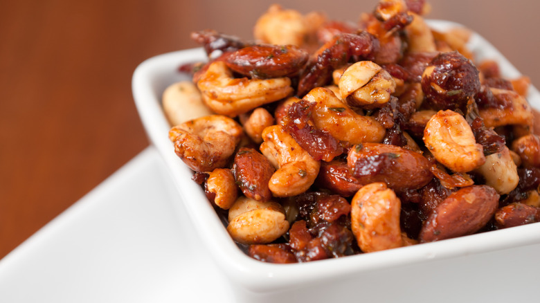 Bowl full of sticky glazed nuts