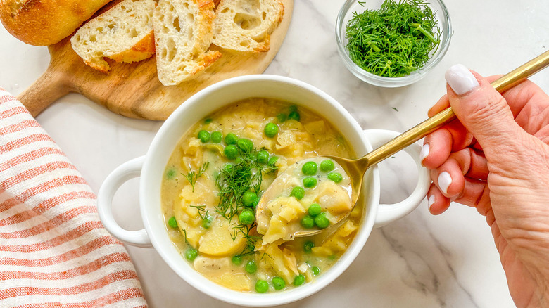 Potato pea soup in bowl
