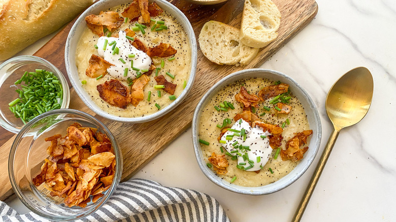 Bowls of loaded potato soup