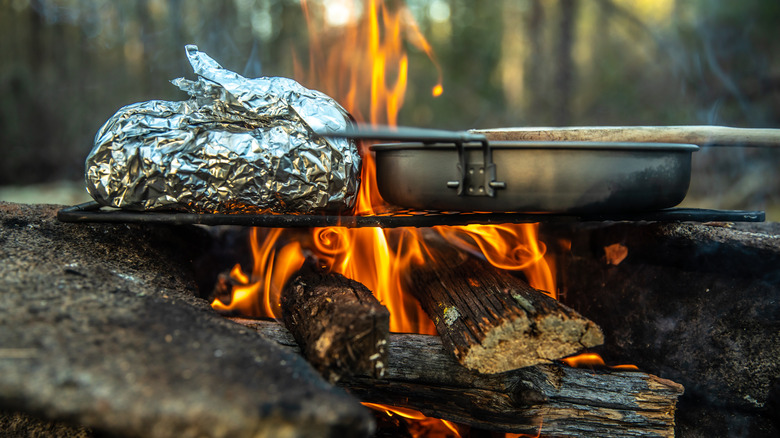 Food cooking over a fire