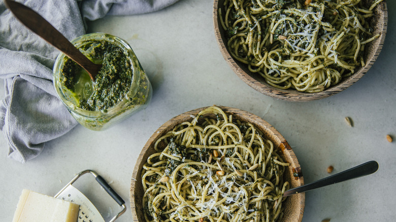 Bowls of pesto pasta