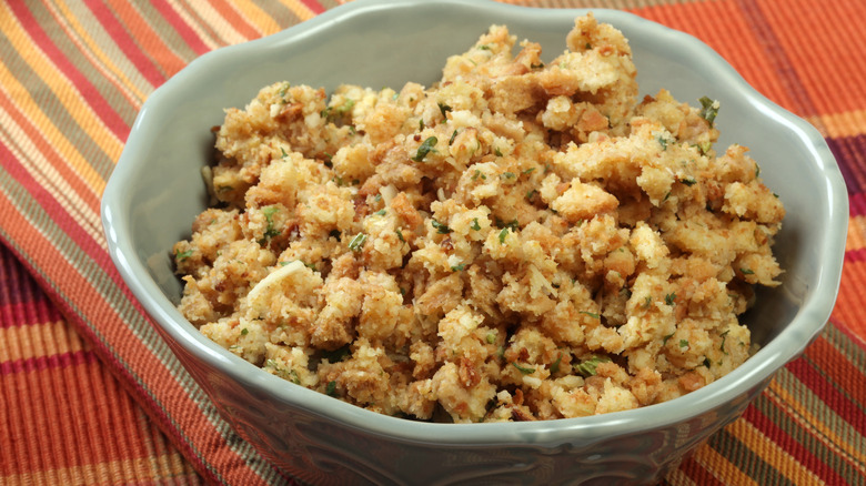 Stuffing in blue bowl