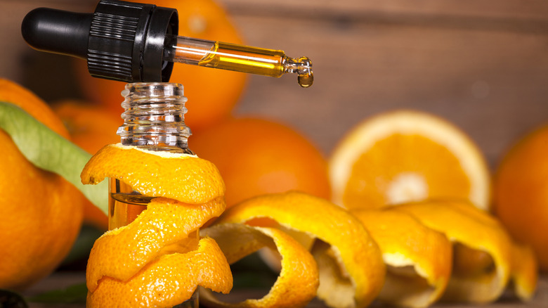 vial of orange extract surrounded by orange peels and fresh oranges