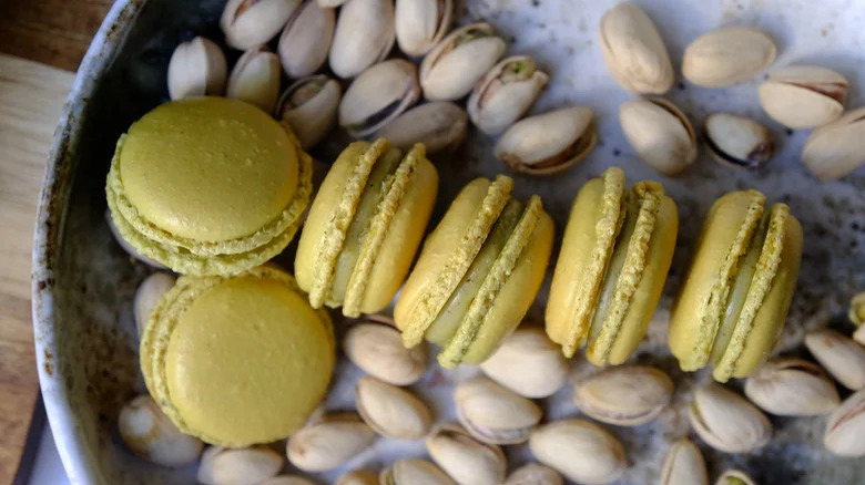 Row of pistachio macarons