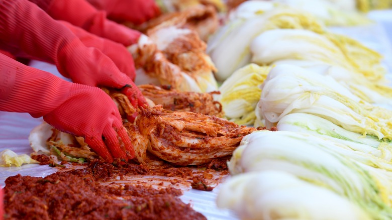 A row of people making baechu kimchi