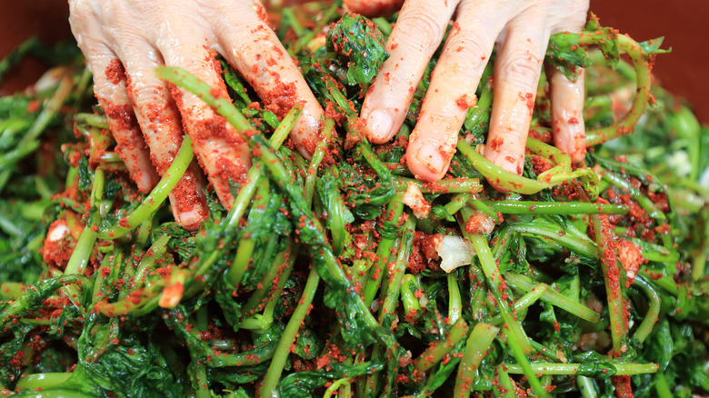 Two hands making Yeolmu Kimchi