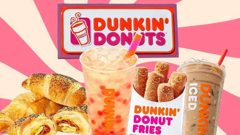 Composite image with Dunkin' logo, Donut Fries, croissants and drinks