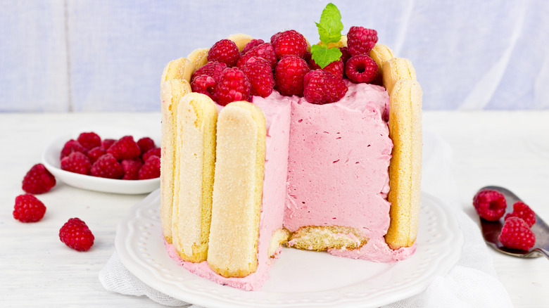 sliced charlotte russe with raspberries