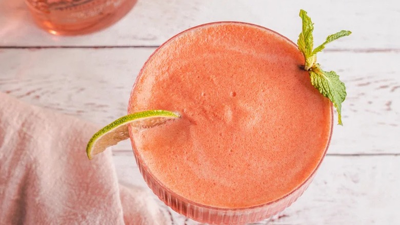 aerial view of a creamy frozen watermelon cocktail