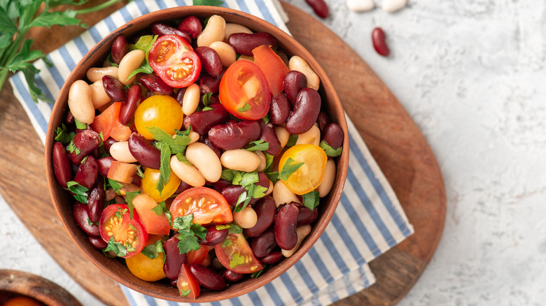 bean salad on wooden board