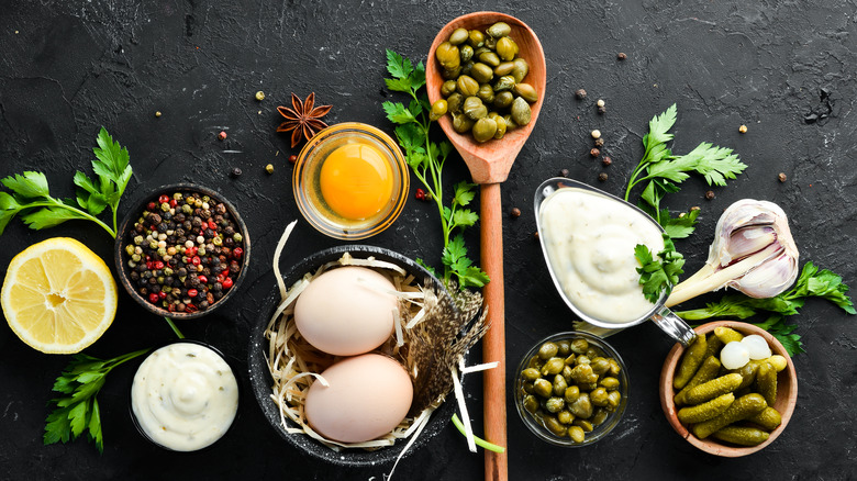 Tartar sauce ingredients in bowls