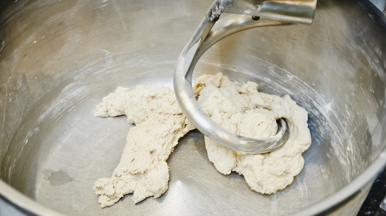 Dough in stand mixer with curved hook