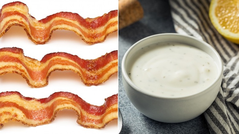 Bacon strips beside ranch dressing 